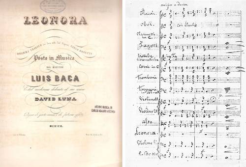 Portada de la partitura de la ópera Leonora, del maestro Luis Baca, y parte de la aria Eccomi al fine.