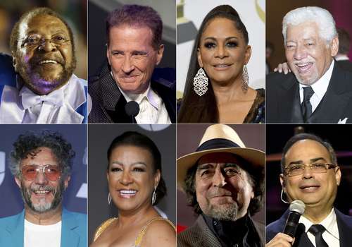 Fila superior de izquierda a derecha, Martinho da Vila, Emmanuel, Sheila E. y su padre Pete Escovedo, fila inferior de izquierda a derecha, Fito Páez, Millie Quezada, Joaquín Sabina y Gilberto Santa Rosa, quienes recibirán el premio Lifetime Achievement Award. por la Academia Latina de la Grabación.