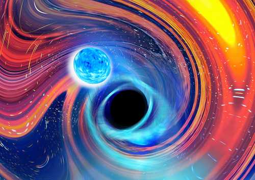 Ilustración de Carl Knox muestra el fenómeno. Las líneas azules son ondas gravitacionales, forma en que los astrónomos presenciaron la fusión.