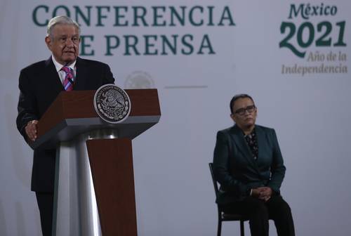 La titular de la Secretaría de Seguridad, Rosa Icela Rodríguez, acompañó al Presidente en la conferencia matutina de ayer.