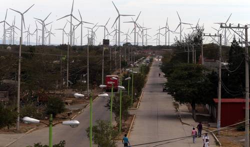 La generación eólica de electricidad contribuye a las metas globales sobre el ambiente, asegura la Cofece. En la imagen, un sembrado de hélices productoras de energía en Oaxaca.