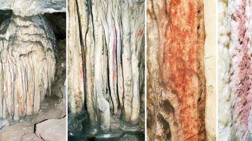 Esta combinación de imágenes muestra una vista general y un primer plano de una torre de estalagmitas parcialmente coloreada, en la caverna de Ardales, en el sur de España.