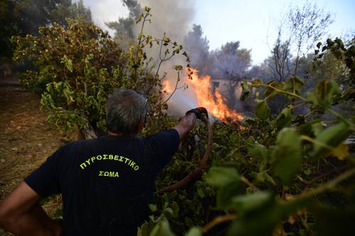 Incendio forestal en el área de Kryoneri, en el norte de Atenas, Grecia.