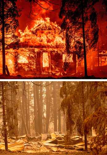 En la imagen de arriba, del 24 de julio pasado, se aprecia una casa en llamas. En la otra imagen se muestran los restos que quedaron de la misma vivienda debido al siniestro de Dixie, en Indian Falls del condado de Plumas, en California, Estados Unidos. Por su dimensión, esta catástrofe se convirtió en el segundo incendio más devastador en la historia del norte de California. Las autoridades reportaron a tres personas desaparecidas, mientras miles han huido por el avance de las llamas. Ayer se informó que el fuego ha destruido 187 mil 562 hectáreas, un área más grande que la ciudad de Los Ángeles.