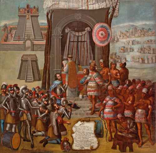 El Palacio de Axayácatl de Moctezuma fue el primer lugar dedicado al culto cristiano en Tenochtitlan, pues ahí se alojó Hernán Cortés. José Vivar y Valderrama recreó la escena en el siglo XVII.