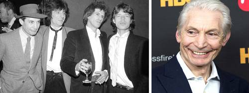 Charlie Watts, Ronnie Wood, Keith Richards y Mick Jagger celebran el estreno de su filme Let's Spend The Night Together en Nueva York, el 18 de enero de 1983. A la derecha, el baterista, el 13 de noviembre de 2012.