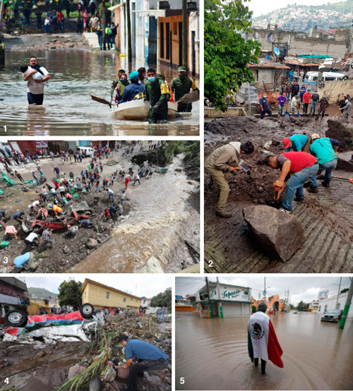 De izquierda a derecha y de arriba a abajo, estragos de la lluvia del lunes y labores de rescate y limpieza de autoridades y pobladores en los municipios de Tula, Hidalgo (1 y 5), Tlalnepantla (2) y Ecatepec (3), estado de México.