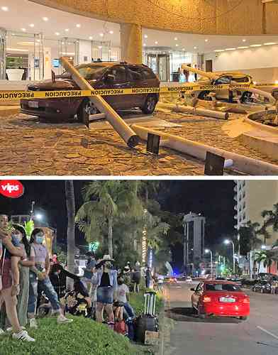 Tres vehículos que estaban estacionados a la entrada del hotel Emporio, en la zona Dorada de Acapulco, Guerrero, resultaron dañados al caerles encima cristales y otros materiales luego del sismo de magnitud 7.1 ocurrido ayer por la noche, con epicentro a 11 kilómetros de esa ciudad. Turistas salieron a la calle y a los camellones para resguardarse.