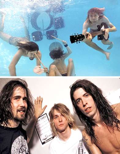 Arriba, la banda en la sesión de imágenes de Nevermind; abajo, en un bar.