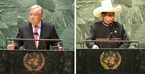 Antonio Guterres, secretario general de la ONU, ayer en la Asamblea General del organismo. A la derecha, el presidente de Perú, Pedro Castillo.