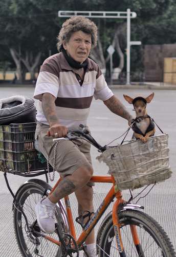 Señor de apariencia ruda transita con su perro raza chihuahua en las inmediaciones del Metro Hidalgo.