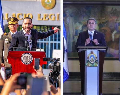 El presidente de El Salvador, Nayib Bukele (imagen de la izquierda), ridiculizó ayer la reivindicación hondureña de soberanía sobre el Golfo de Fonseca al sugerir a su homólogo de Honduras, Juan Orlando Hernández (JOH, a la derecha), comer una barra de chocolate. “Tranquilo JOH. Cómete un Snickers”, replicó Bukele en la cuenta oficial de Twitter de Hernández, donde el jefe de Estado afirmaba que las fuerzas armadas de su país defenderían la soberanía sobre las aguas que también comparten El Salvador y Nicaragua.