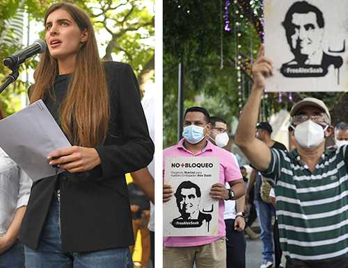 Camilla Fabri, esposa de Alex Saab (a la izquierda), leyó ayer un mensaje de su esposo, durante una manifestación en la Plaza Bolívar, en Caracas, en repudio a la extradición del empresario de Cabo Verde a Estados Unidos. El detenido mandó a decir que no es suicida “por si acaso me asesinan”.