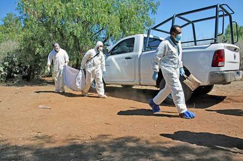 En imagen de archivo, peritos de la FGJ de Zacatecas trasladan el cadáver de una persona no identificada, extraído de una fosa clandestina del municipio de Pánuco, en junio de 2016.