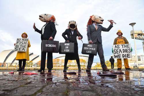 Activistas de la organización Ocean Rebellion protestaron ayer en Glasgow para exigir alto a la pesca en alta mar. “Con la muerte del mar, morimos nosotros”, se lee en uno de los carteles.