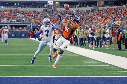 El recepetor Tim Patrick anotó un pase de 44 yardas que lanzó Teddy Bridgewater en el triunfo tajante de Denver sobre Dallas.