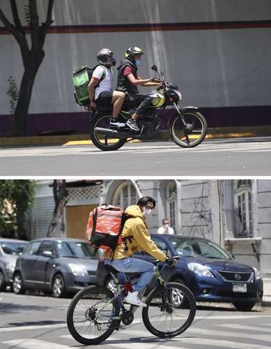  En pareja y en vehículo motorizado para hacer más rápidas y seguras las entregas, o en bicicleta para librar el tráfico, pero “con el Jesús en la boca”, los empleados de las apps carecen de al menos un seguro de vida y acusan a las empresas de quedarse con impuestos por las propinas que reciben en las plataformas. Foto Yazmín Ortega Cortés