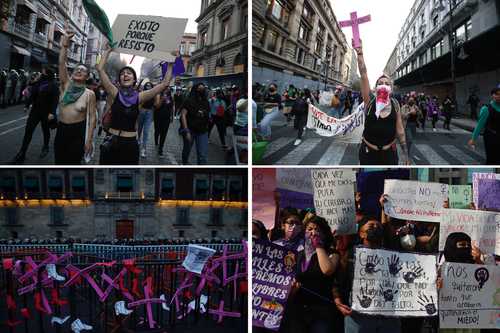 El gobierno capitalino desplegó a mil 500 mujeres policías para vigilar la marcha de ayer con motivo del Día Internacional para la Erradicación de la Violencia contra la Mujer. En la imagen inferior izquierda, elementos de seguridad custodian el Palacio Nacional, mientras en las vallas se ven cruces con imágenes de víctimas de desaparición y feminicidio.