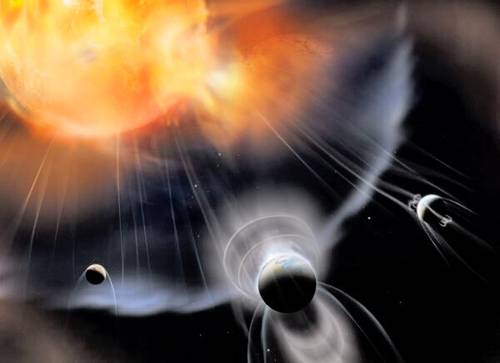 Representación artística de un sistema de exoplanetas que experimenta un escape atmosférico en relación con su estrella anfitriona.