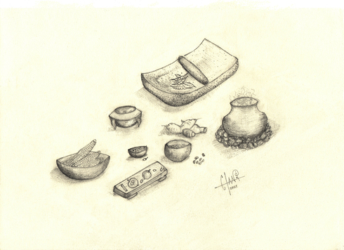 Recreación de los utensilios e ingredientes de la cocina serrana prehispánica.  Ilustración C. Aguilar, 2021