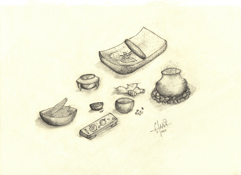 Recreación de los utensilios e ingredientes de la cocina serrana prehispánica. Ilustración C. Aguilar, 2021