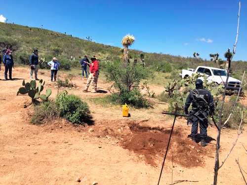 Resguardado por agentes de las policías ministerial y estatal preventiva, así como de la Guardia Nacional, personal de la Fiscalía General de Justicia del Estado de Zacatecas y de la Comisión Estatal de Búsqueda de Personas rastrean restos humanos en un predio del municipio de Villa de Cos.