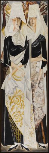 Dos mujeres españolas (Deux femmes espagnoles), 1920-1924, de Natalia Goncharova. Óleo sobre lienzo, tercero de cinco paneles, 237 x 76 cm.