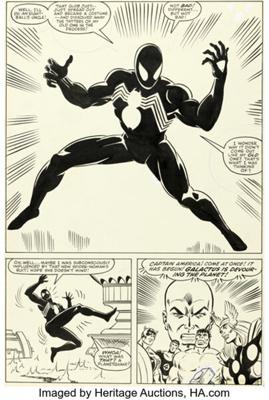 Imagen de la página 25 del cómic Secrets Wars número 8 de Marvel Comics, publicado en 1984, en el que se cuenta la historia del origen de la ahora icónica vestimenta negra de Spider-Man.