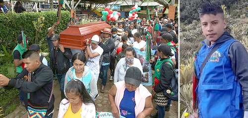 Funeral del menor Breiner David Cucuñame (imagen a la derecha), asesinado mientras vigilaba tierras del resguardo indígena Las Delicias, en el departamento del Cauca.