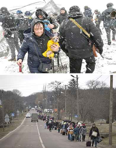 Ucranios siguen buscando escapar de la guerra en Irpin (arriba), al noroeste de Kiev, y Leópolis, ya cerca de la frontera con Polonia.