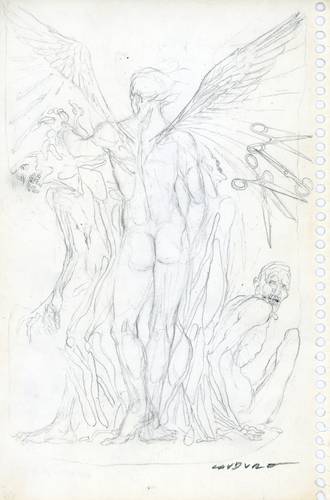 Boceto Sin título, no fechado, en lápiz sobre papel, incluido en la exposición Bibliografías de Rafael Carduro.