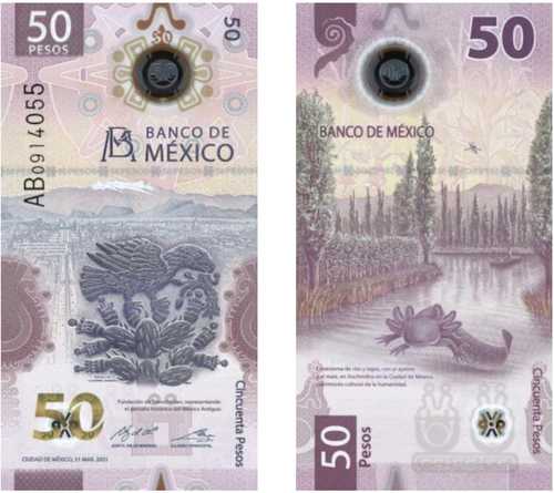 El billete de 50 pesos emitido por el Banco de México ganó el reconocimiento como el mejor del año por parte de la Sociedad Internacional de Billetes de Banco (IBNS, por sus siglas en inglés). De acuerdo con el organismo hubo más de 100 lanzamientos de papel moneda en todo el mundo durante 2021, pero solamente 20 fueron considerados de diseño suficientemente nuevo para ser nominados. El ejemplar del BdeM está impreso en polímero, en el anverso muestra a Tenochtitlán, la capital de los aztecas, y en el reverso se encuentra la imagen del un ajolote en los canales de Xochimilco. La decisión estuvo reñida hasta el final, cuando el modelo mexicano superó al de 200 dobras de Santo Tomé y Príncipe, indicó la IBNS.