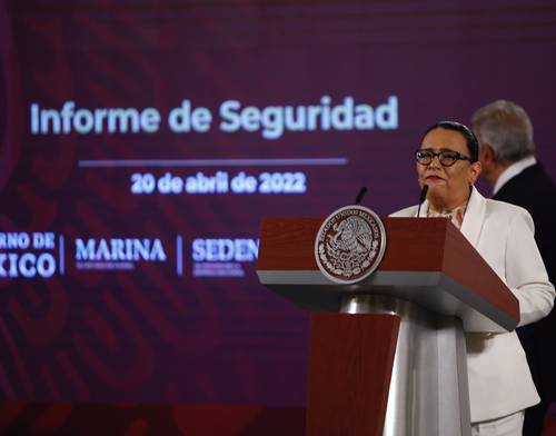 La secretaria de Seguridad y Protección Ciudadana, Rosa Icela Rodríguez, al presentar el informe mensual de seguridad en la conferencia mañanera del Presidente.