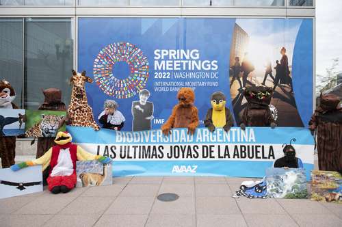 La Reunión de Primavera del FMI y el BM fue escenario de la protesta de Avaaz, donde una abuela argentina hace entrega al FMI de sus “últimas joyas”: la naturaleza y biodiversidad. La ONG reclama que se reconozca la deuda ecológica que tienen los países ricos con los países emergentes en compensación por la “deuda histórica que el mundo desarrollado mantiene con el resto del planeta”.