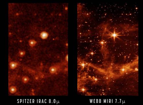 El instrumento de infrarrojo medio, o MIRI, del James Webb, proporcionó una muestra de sus capacidades de observación del cosmos. La imagen de prueba (a 7.7 micrones) expone parte de la Gran Nube de Magallanes, pequeña galaxia satélite de la Vía Láctea. Aquí, un primer plano de ella se compara con una anterior del mismo objetivo tomada con la cámara de matriz infrarroja del telescopio Spitzer, ya retirado. El James Webb permitirá ver el cielo infrarrojo con mayor claridad, lo que hará posible aún más descubrimientos.