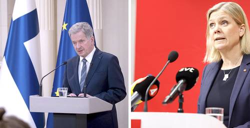 El presidente de Finlandia, Sauli Niinistö, y la premier sueca, Magdalena Andersson, al informar ante los medios de sus respectivos países, sobre la idea de solicitar su ingreso a la OTAN.