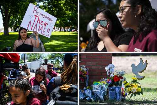 Vecinos de Uvalde, Texas, así como familiares de las 21 víctimas, muestran su dolor ante la tragedia registrada el martes en la Escuela Primaria Robb. Abajo, a la derecha, monumento improvisado frente al plantel con foto de una de las niñas fallecidas.