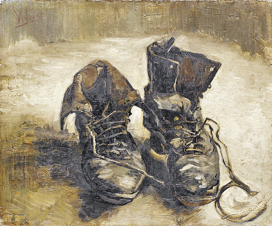Vincent Van Gogh, Par de botas (titulados como Zapatos de campesino por Heidegger), óleo sobre tela, 37,5 x 45 cm, 1886.  Museo Nacional Van Gogh de Ámsterdam, Holanda