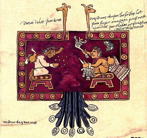La pareja Oxomoco y Cipactónal, representan la división sexual de los seres humanos. Son considerados como creadores del Calendario ritual o Tonalpohualli. Arriba a la izquierda de la ilustración se aprecia la leyenda: “diosas de las parteras”. Abajo a la izquierda: “un décimo décimo mes” (mes veintiuno) y arriba a la derecha: “en este mes teníanlos estos tres días para hacer omnicosa porque no tenían dios particular porque eran estas diosas de las donas.” CÓDICE BORBONICUS