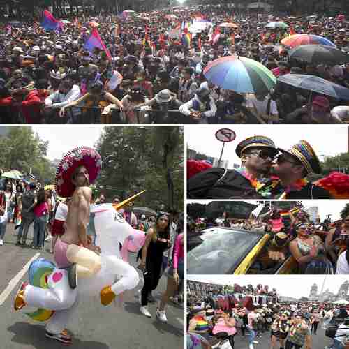  Drag queens, superhéroes, duendes, mariposas, hadas, ángeles, hombres y mujeres enfundados en trajes de látex negro y zapatos con plataformas, otros con short y el torso desnudo, vaqueros y mariachis con trajes modificados que dejaban ver sus cuerpos tonificados inundaron las calles, junto con trabajadores de diversas empresas. Esta marcha fue un acto recreativo y lúdico no sólo para los integrantes de la comunidad, sino también para heterosexuales aliados. El arcoíris estuvo presente donde se posara la mirada: rostros, playeras, gorras, sombrillas, shorts, calcetas, tenis, cabello y no sólo en las banderas que ondearon en toda la caminata. Foto Yazmín Ortega Cortés y José Antonio López