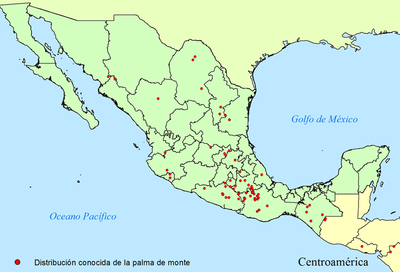 Distribución conocida de la palma de monte en el territorio mexicano. Elaboración C. X.  Pérez Valladares