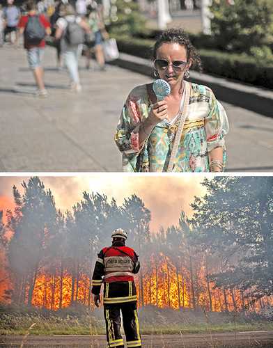 Los fuertes vientos y el clima cálido y seco están frustrando los esfuerzos de los bomberos franceses (en la gráfica sobre estas líneas) para contener un gran incendio forestal que se extendió por los bosques de pinos en la región de Burdeos ayer por quinta jornada consecutiva, uno de los varios que asolaron Europa en los días recientes. En la imagen de arriba, transeúntes en Londres soportan temperaturas cercanas a los 40 grados centígrados.