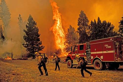Bomberos trabajan para evitar que el fuego Oak alcance una casa en la comunidad de Jerseydale del condado de Mariposa, California.