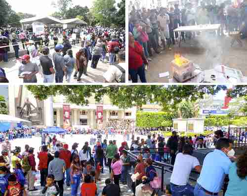Arriba a la izquierda, participación en Oaxaca, Oaxaca; a la derecha, en Huehuetán, Chiapas, donde quemaron papelería, y sobre estas líneas, filas en Chilpancingo, Guerrero.