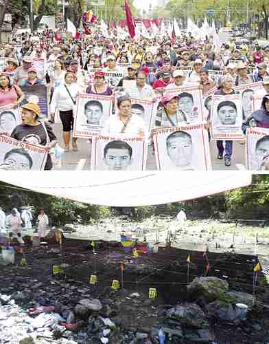 Marcha en la CDMX por los nueve meses de la desaparición de los 43, en junio de 2015. Abajo, diligencias en el basurero de Cocula tras el ataque.