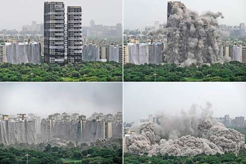 Esta combinación de imágenes muestra la implosión controlada que demolió ayer dos torres de apartamentos en la ciudad de Noida, en las afueras de Nueva Delhi, después de que la Corte Suprema de India las declaró ilegales por violar las normas de construcción. Se trata de las estructuras más altas de ese país en ser demolidas. Más de mil 500 familias de los alrededores abandonaron sus viviendas unas siete horas antes de que las torres de casi 100 metros colapsaran por el impacto de la implosión. Las torres de 32 y 29 pisos, que construía una empresa privada, todavía no estaban ocupadas.