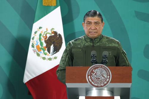 Luis Cresencio Sandoval, secretario de la Defensa Nacional, participó ayer en la conferencia de prensa matutina del Presidente en Guadalupe, Zacatecas.