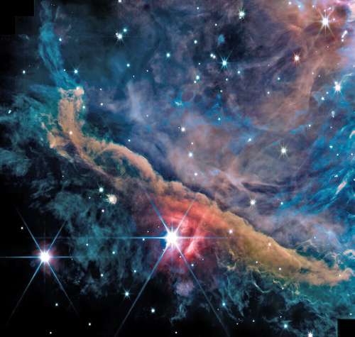 Región interna de la nebulosa de Orión vista por el instrumento NIRCam del telescopio espacial.