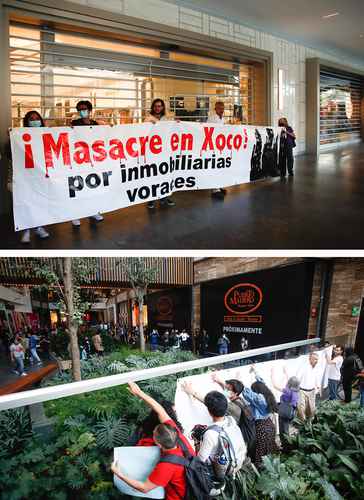 Apoyados por residentes de diversas colonias, los manifestantes se apostaron frente a la entrada del complejo, al tiempo que los locales permanecieron cerrados. Más tarde bloquearon a intervalos Río Churubusco y avenida Universidad, lo que causó un enorme conflicto vial en la zona.