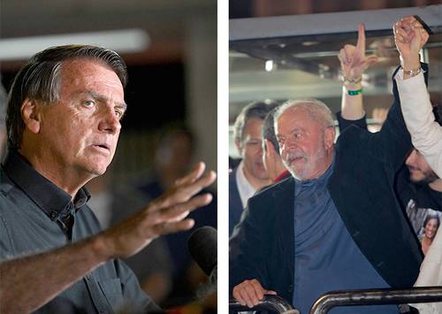 Jair Bolsonaro, quien busca la relección presidencial en Brasil, habló ayer en rueda de prensa en Brasilia, luego de conocer los resultados. A la derecha, Luiz Inácio Lula da Silva, triunfador de la primera vuelta, saluda a partidarios en Sao Paulo. Ambos se enfrentarán en segunda ronda de votación a finales de mes.